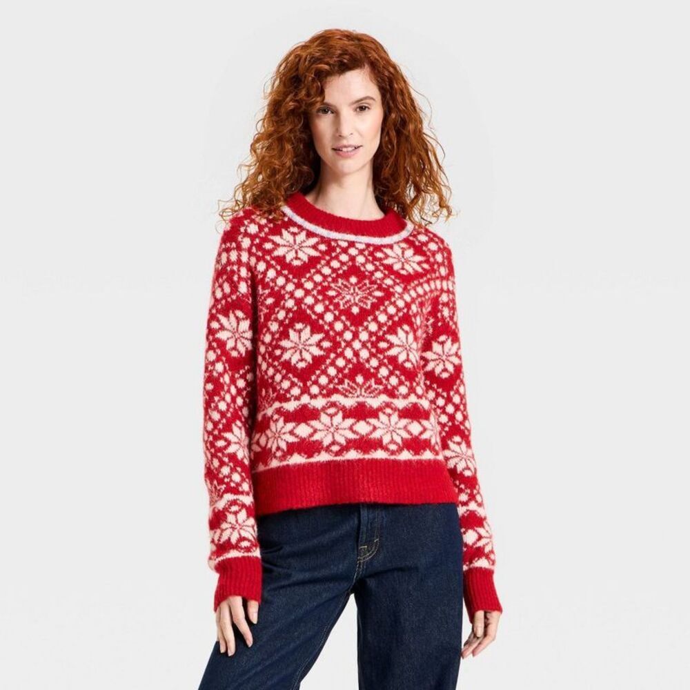Women's Cozy Alpine Snowflake Crewneck Pullover Sweater - Universal Thread Red L